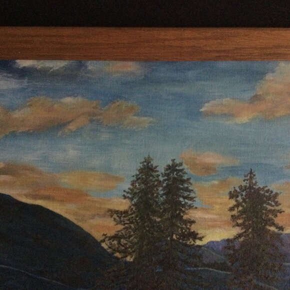 Oil painting mountain trees landscape with wood frame original art wall hanging - Picture 3 of 11